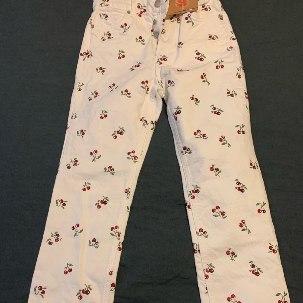 NWT Reformation Cherries Embroidered High Rise Straight Jeans